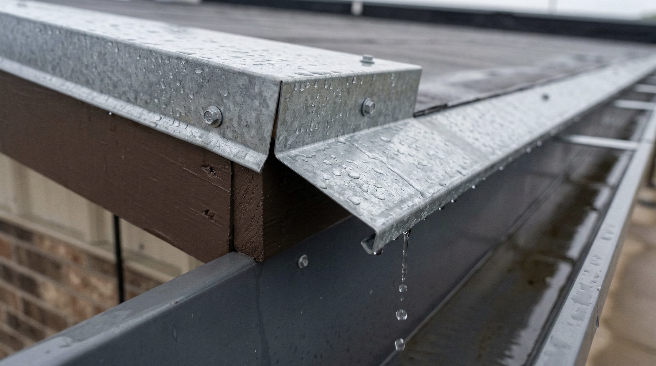 Fabricated galvanized steel drip edge for commercial roof water management